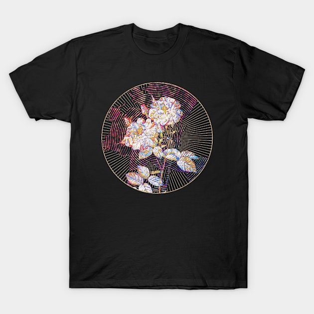 White Damask Rose Floral Rainbow Mosaic T-Shirt by Holy Rock Design